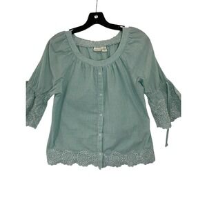 Westbound Striped Eyelet Women Blouse‎ Peasant Top 3/4 Sleeve Green White PS